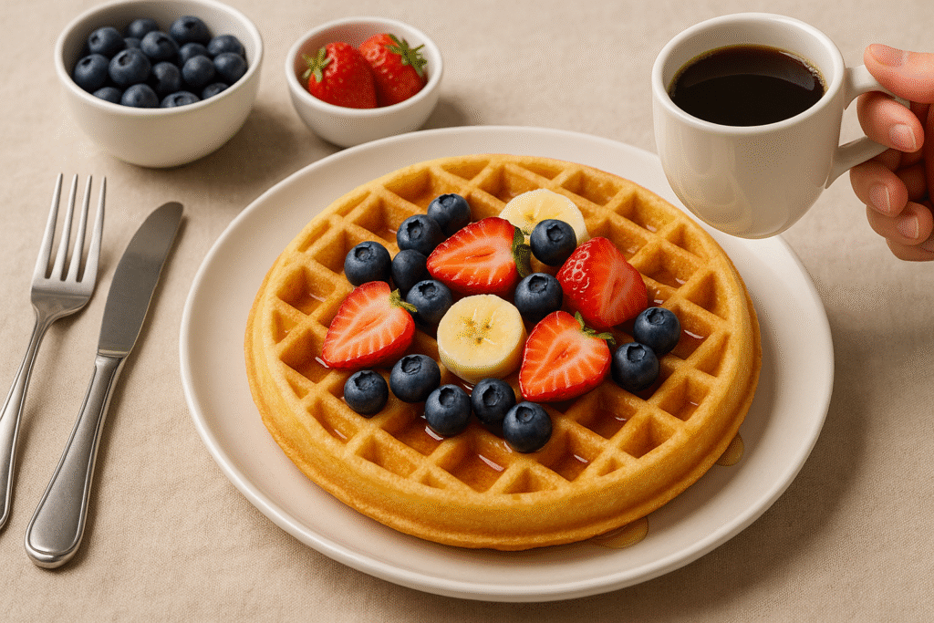 Waffle caseiro fofinho servido no café da manhã com frutas e mel