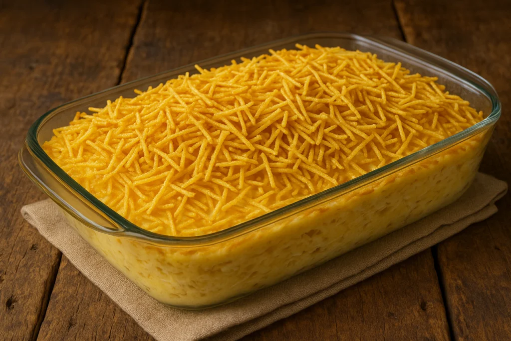 Fricassê de frango cremoso com batata palha em travessa de vidro