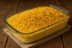 Fricassê de frango cremoso com batata palha em travessa de vidro